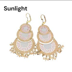 Gold Filled Womens Three Tones Greek Key Chandelier Butterfly Dangle Earrings
